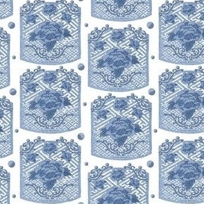 Blue & White  Porcelain-Petite Patchwork Medallions with Tossed Blue Peonies, Grids,Scrolls & Dots on a white background.