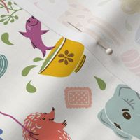 Whimsical animal friends tea party, multicolor on cream white background, smaller scale
