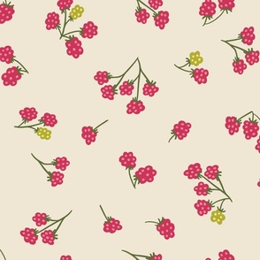 (L) Raspberry picking - hand drawn stylised wild brambles - red on cream