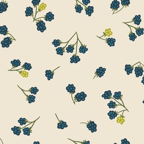 (L) Blackberry picking - hand drawn stylised wild brambles - blue on cream