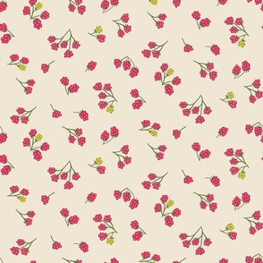 (M) Raspberry picking - hand drawn stylised wild brambles - red on cream