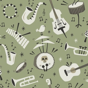 All that jazz - retro music party - khaki green background (large scale)