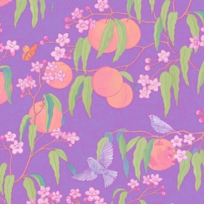 Peach Tree with Fruit, Flowers and Birds - Trailing Floral Textured Print in Purple