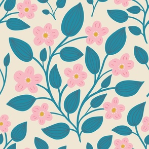 (L) Blackberry Blossom - hand drawn modern floral damask with stylised wild brambles - blue and pink on cream