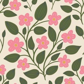 (L) Blackberry Blossom - hand drawn modern floral damask with stylised wild brambles - pink and green on cream