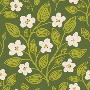 (L) Blackberry Blossom - hand drawn modern floral damask with stylised wild brambles - cream on green