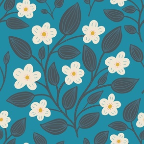 (L) Blackberry Blossom - hand drawn modern floral damask with stylised wild brambles - cream on blue
