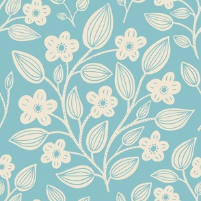 (L) Blackberry Blossom - hand drawn modern floral damask with stylised wild brambles - cream on blue