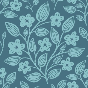 (L) Blackberry Blossom - hand drawn modern floral damask with stylised wild brambles - monochrome blue