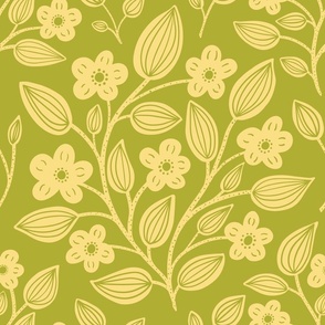 (L) Blackberry Blossom - hand drawn modern floral damask with stylised wild brambles - yellow on apple green