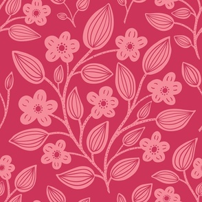 (L) Blackberry Blossom - hand drawn modern floral damask with stylised wild brambles - pink on red