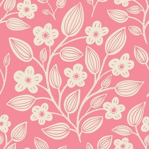 (L) Blackberry Blossom - hand drawn modern floral damask with stylised wild brambles - cream on pink