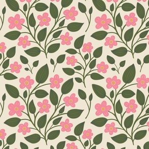 (M) Blackberry Blossom - hand drawn modern floral damask with stylised wild brambles - pink and green on cream