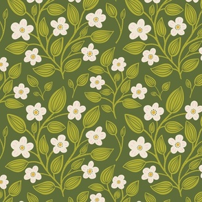 (M) Blackberry Blossom - hand drawn modern floral damask with stylised wild brambles - cream on green