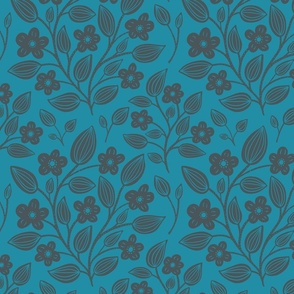 (M) Blackberry Blossom - hand drawn modern floral damask with stylised wild brambles - monochrome blue
