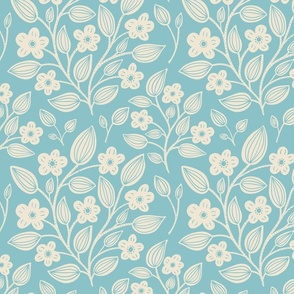 (M) Blackberry Blossom - hand drawn modern floral damask with stylised wild brambles - cream on blue
