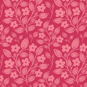 (M) Blackberry Blossom - hand drawn modern floral damask with stylised wild brambles - pink on red