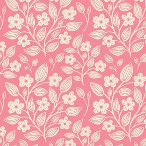 (M) Blackberry Blossom - hand drawn modern floral damask with stylised wild brambles - cream on pink