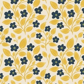 (S) Blackberry Blossom - hand drawn modern floral damask with stylised wild brambles - blue and gold on cream