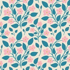 (S) Blackberry Blossom - hand drawn modern floral damask with stylised wild brambles - blue and pink on cream