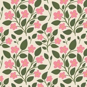 (S) Blackberry Blossom - hand drawn modern floral damask with stylised wild brambles - pink and green on cream