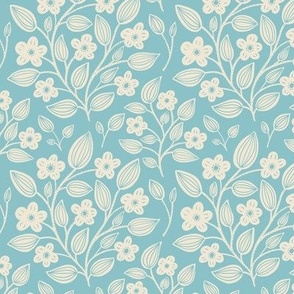 (S) Blackberry Blossom - hand drawn modern floral damask with stylised wild brambles - cream on blue