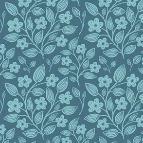(S) Blackberry Blossom - hand drawn modern floral damask with stylised wild brambles - monochrome blue