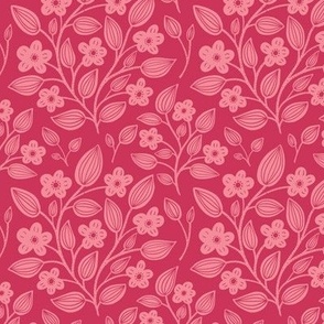 (S) Blackberry Blossom - hand drawn modern floral damask with stylised wild brambles - pink on red