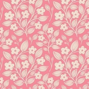 (S) Blackberry Blossom - hand drawn modern floral damask with stylised wild brambles - cream on pink