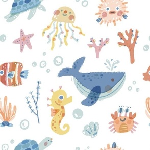 Colourful sealife- white (big pattern)