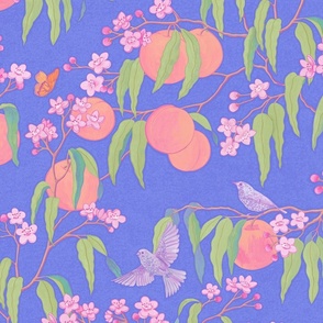 Peach Tree with Fruit, Flowers and Birds - Trailing Floral Textured Print in Blue