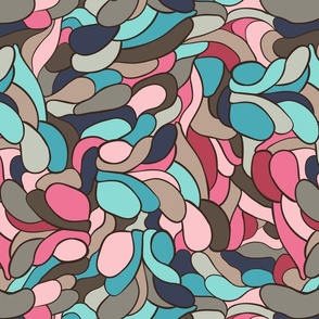 Abstract organic shapes, tangled retro design in blue, brown and pink 