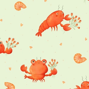 Large  - Cute lobsters holding flowers on light green