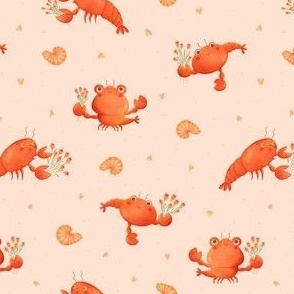 Medium - Cute lobsters holding flowers on light pink