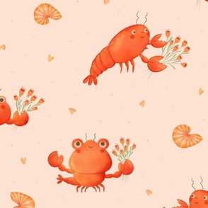 Large  - Cute lobsters holding flowers on light-pink