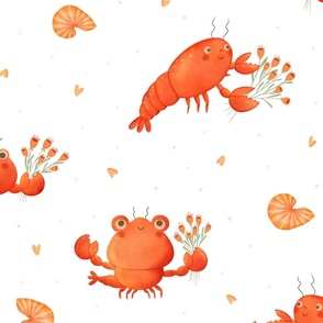 Large  - Cute lobsters holding flowers  on white