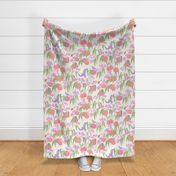 Peach Tree with Fruit, Flowers and Birds - Trailing Floral Textured Print in Off White