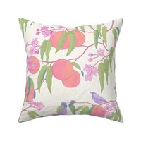 Peach Tree with Fruit, Flowers and Birds - Trailing Floral Textured Print in Off White