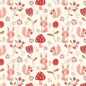 Berry Red & Pink Woodland Frolic with Playful Rabbits and Squirrels - M