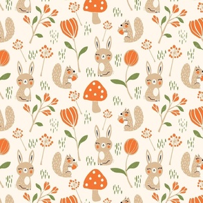Orange & Beige Woodland Frolic with Playful Rabbits and Squirrels