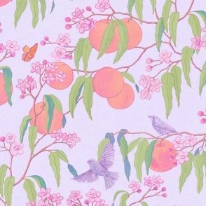 Peach Tree with Fruit, Flowers and Birds - Trailing Floral Textured Print in Periwinkle