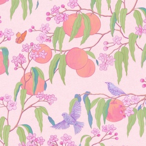 Peach Tree with Fruit, Flowers and Birds - Trailing Floral Textured Print in Blush Pink