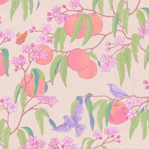 Peach Tree with Fruit, Flowers and Birds - Trailing Floral Textured Print in Beige
