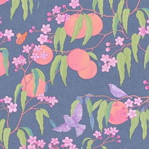 Peach Tree with Fruit, Flowers and Birds - Trailing Floral Textured Print in Slate Gray