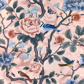 Cloisonné inspired chinoiserie birds and flowers on blush pink