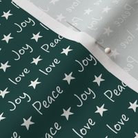 Love, joy, peace, stars, typography, forest green