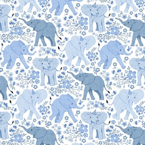 Elephants Entertain with Wonderful Wildflowers - blue and white - medium 