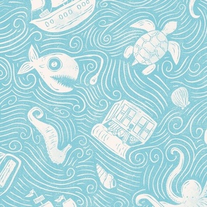 Underwater Ocean Adventure - bright blue and cream textured block print - large