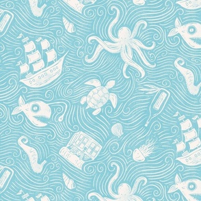 Underwater Ocean Adventure - bright blue and cream textured block print - medium