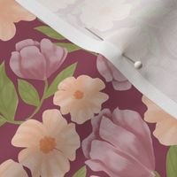 Soft romantic and elegant deep rose and peach flowers on a deep rose pink background - medium